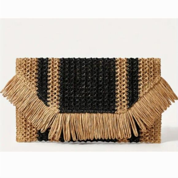 New Black & muted natural rattan color tropical vacation clutch - Picture 2 of 10